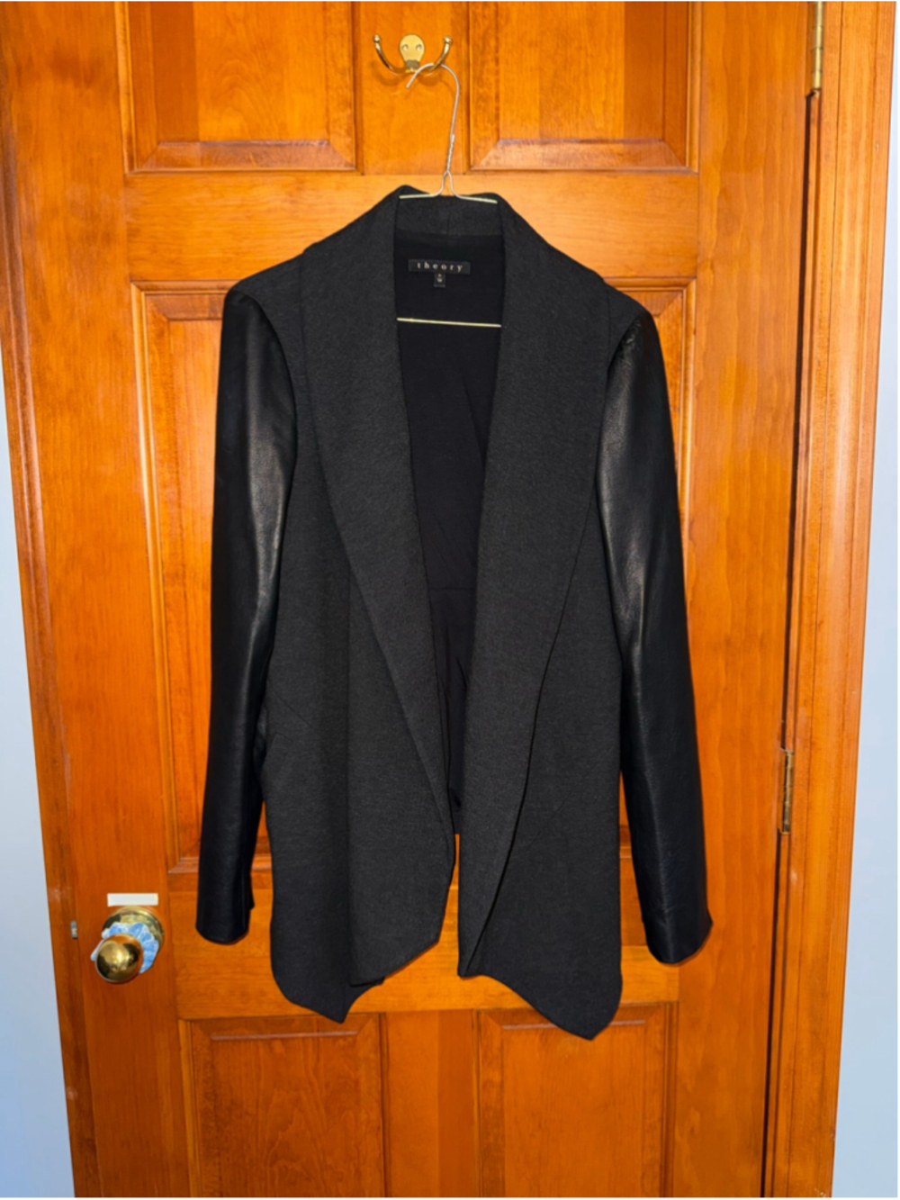 Women's Theory Grey & Black Leather Sleeve Blazer, Size P